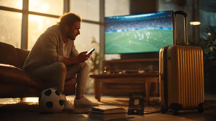 Football fan in airport lounge streaming Premier League match on phone while suitcase and passport sit nearby; warm cinematic travel style, energetic sports vibe