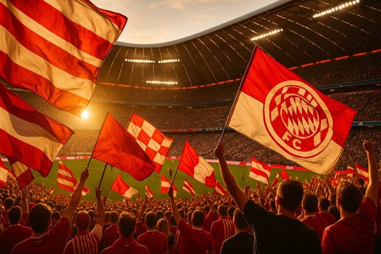 A lively photo of football fans waving flags in Munich’s Allianz Arena during a Bundesliga match