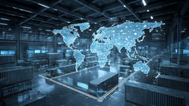futuristic global logistics control center with digital world maps, IoT-connected cargo containers, and real-time shipment tracking, professional tone.
