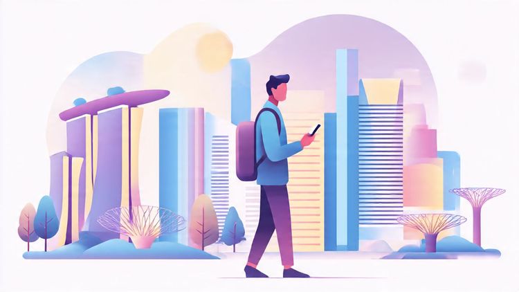 Illustration of a business traveler in Singapore using eco-friendly digital tools and eSIM tech; clean, modern, sustainable city backdrop; soft lighting; minimalistic style