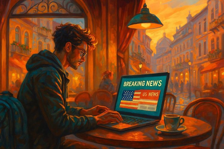 illustration of a traveler in a European café watching breaking US news on their laptop with vibrant colors and a modern digital nomad vibe, cinematic lighting, cozy yet global atmosphere