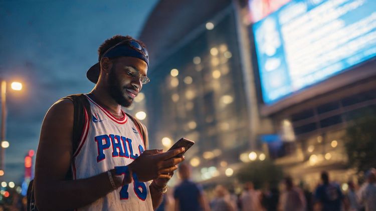 Traveler wearing a 76ers jersey at Orlando's Amway Center, checking phone for directions; vibrant evening game atmosphere; purpose: illustrate real-time mobile connectivity before the game.