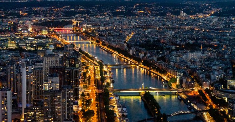 Aerial view of the Seine at night
