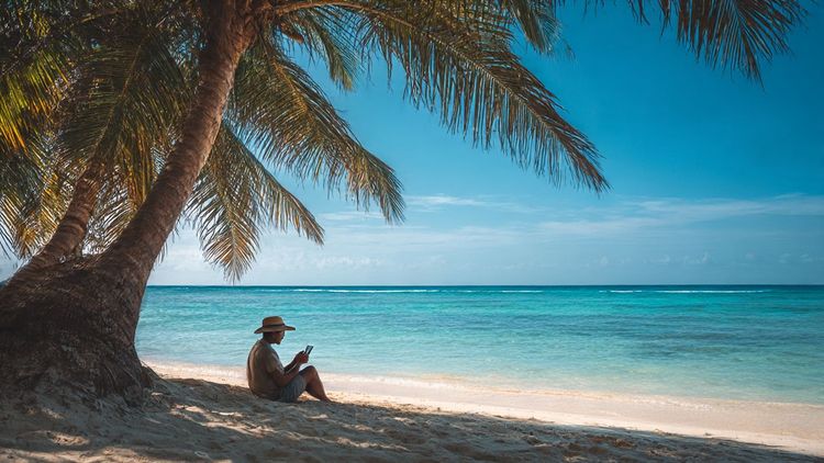 Scenic photo of a Jamaican beach with a traveler using their phone under a palm tree, looking relaxed and connected