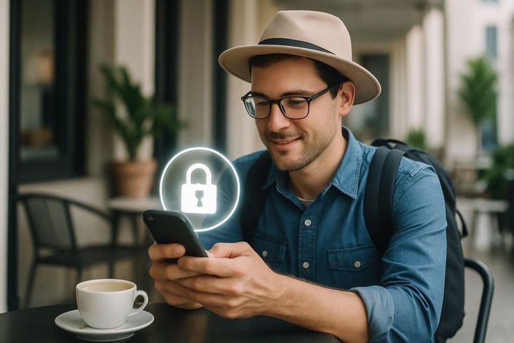 Traveler sitting at a café abroad, using a smartphone with a digital lock icon overlay, symbolizing secure internet connection while traveling