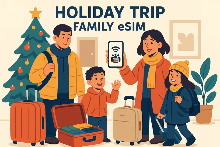 Family preparing for a trip with a family travel eSIM