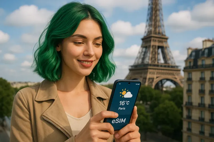 woman checking the weather during a trip