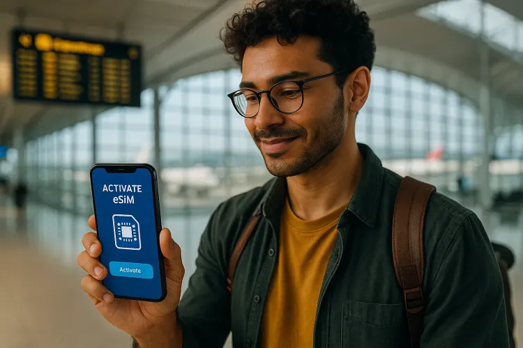 A traveler activating eSIM
