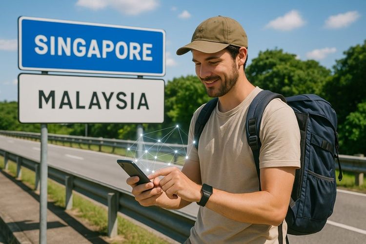A traveler using a smartphone while crossing the border from Singapore to Malaysia
