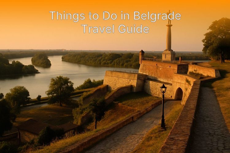 Scenic golden hour view of the Belgrade Fortress overlooking the confluence of the Sava and Danube rivers