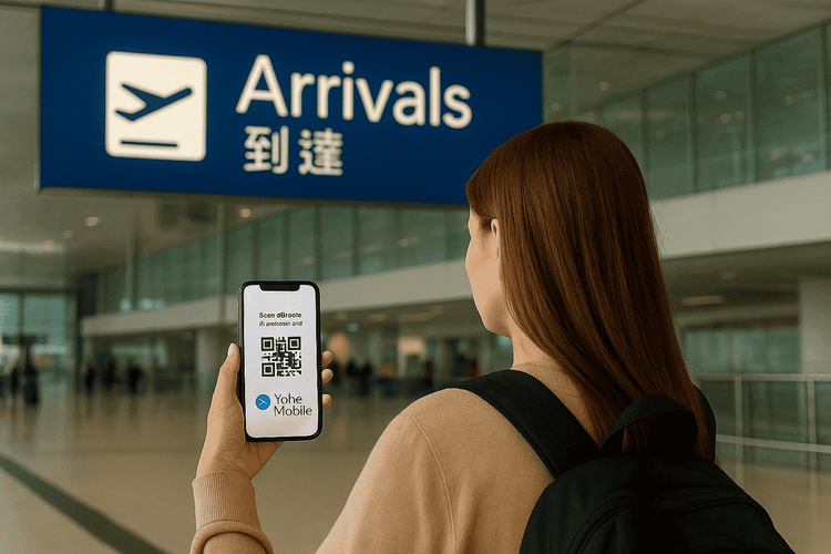 Traveler activating eSIM at Hong Kong airport