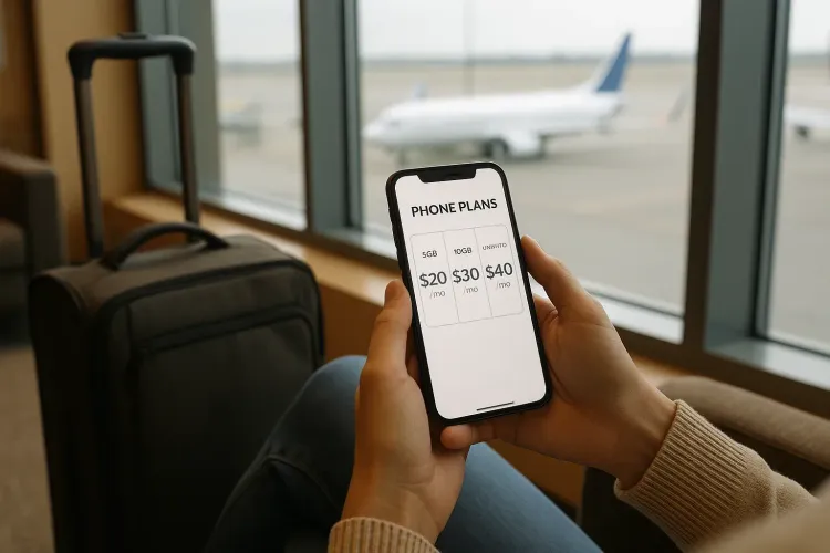 traveler comparing phone plans on a smartphone at an airport lounge