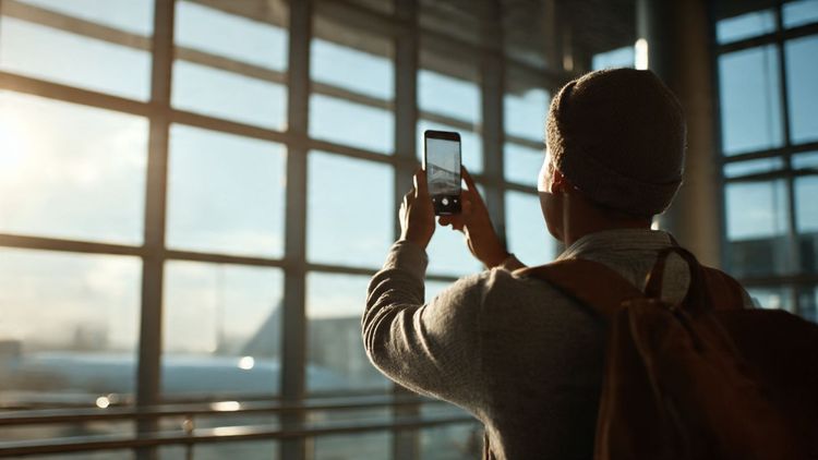 Traveler filming a vertical Instagram Reel at an airport terminal with bright natural light, smartphone in hand, cinematic composition, emphasis on social media content creation and travel