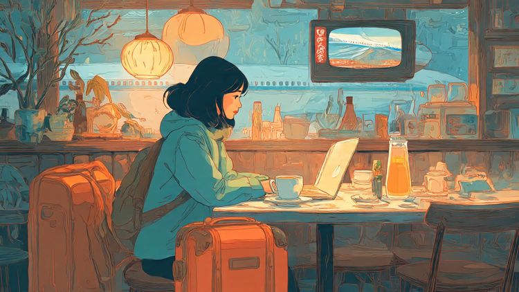 Traveler in a cozy café watching Japanese TV on a laptop, surrounded by soft lighting and travel essentials — realistic travel lifestyle scene for blog illustration