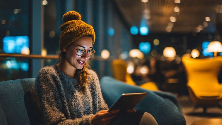 Traveler in an airport lounge watching a movie on a tablet, cinematic lighting, focus on joyful expression, cozy modern travel scene, helpful tech mood, soft warm tones