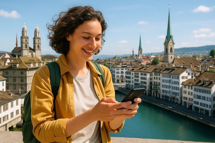 a traveler overlooking Zurich’s skyline with the Limmat River below, checking their phone with a smile