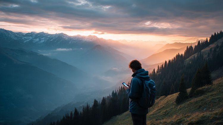 Traveler overlooking the Swiss Alps with a phone in hand, sunrise lighting the mountains; peaceful, adventurous, natural mood for alpine travel