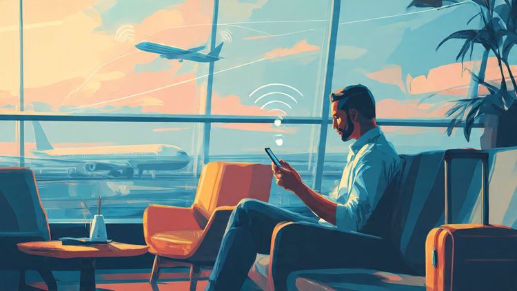 Traveler using smartphone at airport lounge, secure connection visual, modern tone, purpose: illustrate safe and private browsing while traveling