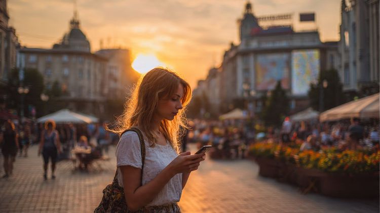 Traveler using smartphone in Belgrade's Republic Square during sunset; lively street scene with cafes and digital maps visible; modern, connected travel vibe; purpose: illustrate seamless Serbia eSIM connectivity.