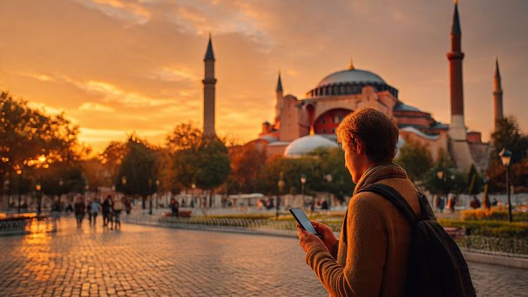 Traveler using smartphone in front of the Hagia Sophia in Istanbul, golden sunset light, vibrant travel atmosphere — purpose: illustrate seamless connectivity while exploring Turkey