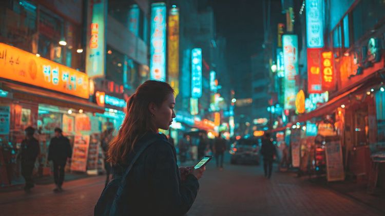 Traveler walking through Seoul’s Myeongdong district at night, neon signs glowing, smartphone in hand using maps, cinematic travel photography, vibrant street scene