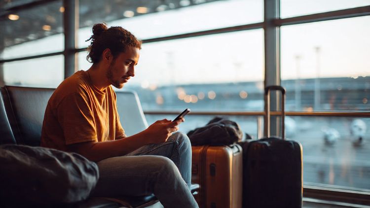 Traveler watching a football game on a smartphone while sitting at an airport lounge, surrounded by luggage – lifestyle and travel photography tone