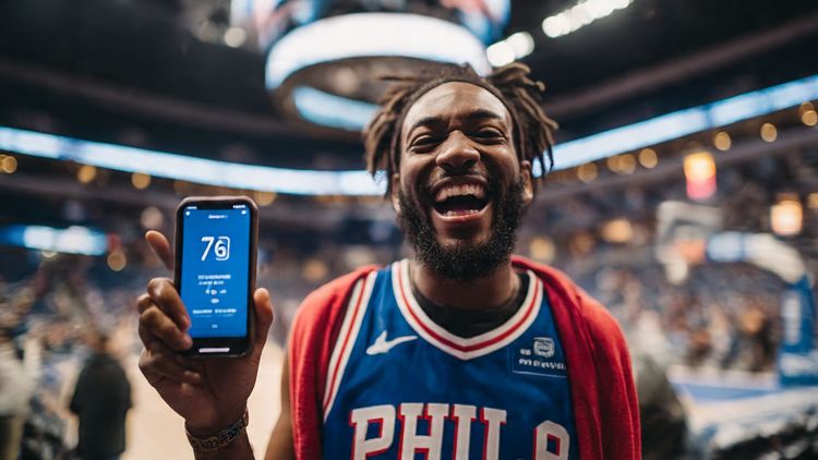Traveler wearing a 76ers jersey at Orlando’s Amway Center, holding a phone showing an eSIM activation screen; energetic sports-travel mood; guide-style visual