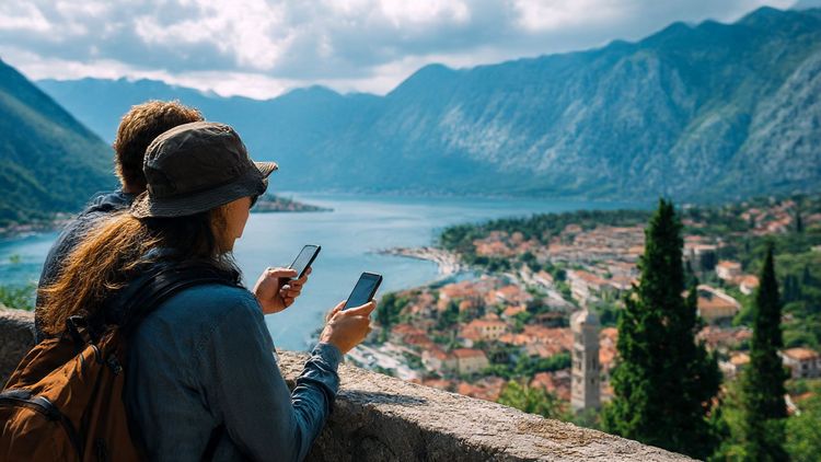 Travelers overlooking Kotor Bay in Montenegro, using their smartphones to navigate while enjoying scenic mountain views — travel lifestyle, vibrant daylight, editorial style.