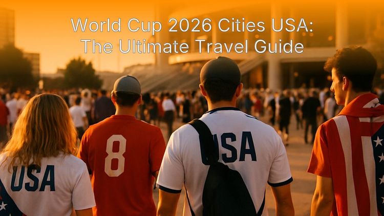 Soccer fans gathering in a USA host city plaza during golden hour before a World Cup match