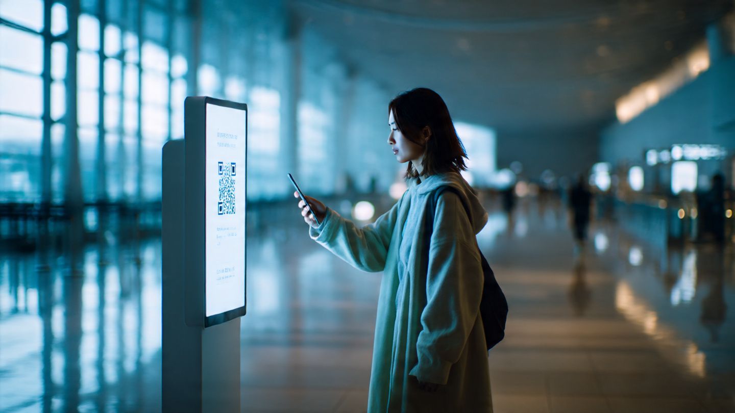 Nomad scanning QR code to activate Japan eSIM at airport — modern, minimalist, and tech-savvy style