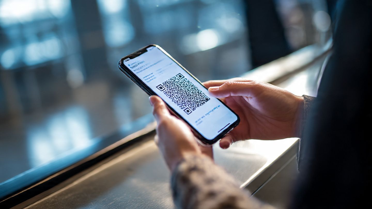 Person scanning an eSIM QR code on their smartphone inside Sydney Airport – modern, tech-focused tone – purpose: demonstrate fast eSIM activation process