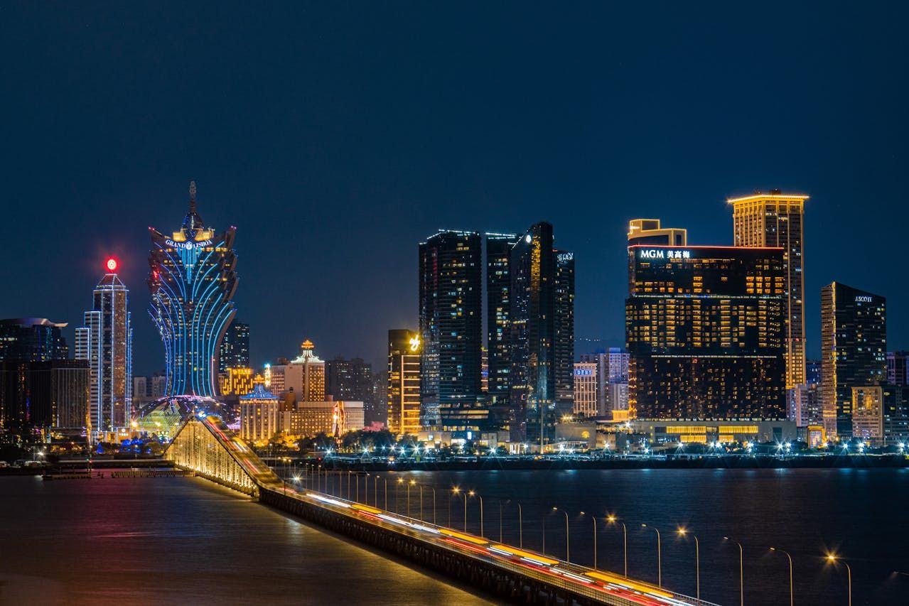 Stunning Night View of Macau Skyline with Illuminated Hotels