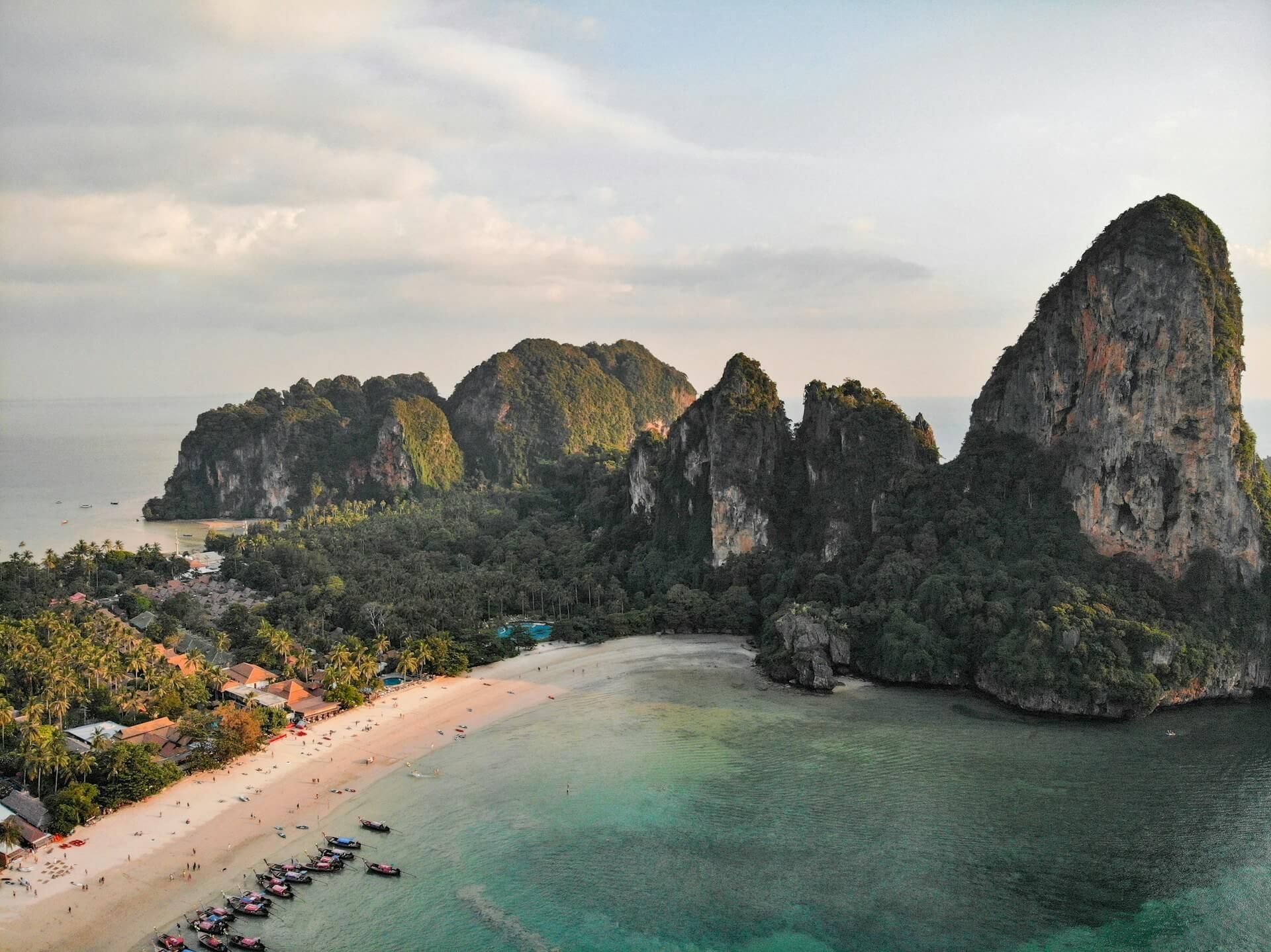 Aerial view of Railay Beach with limestone cliffs and turquoise waters