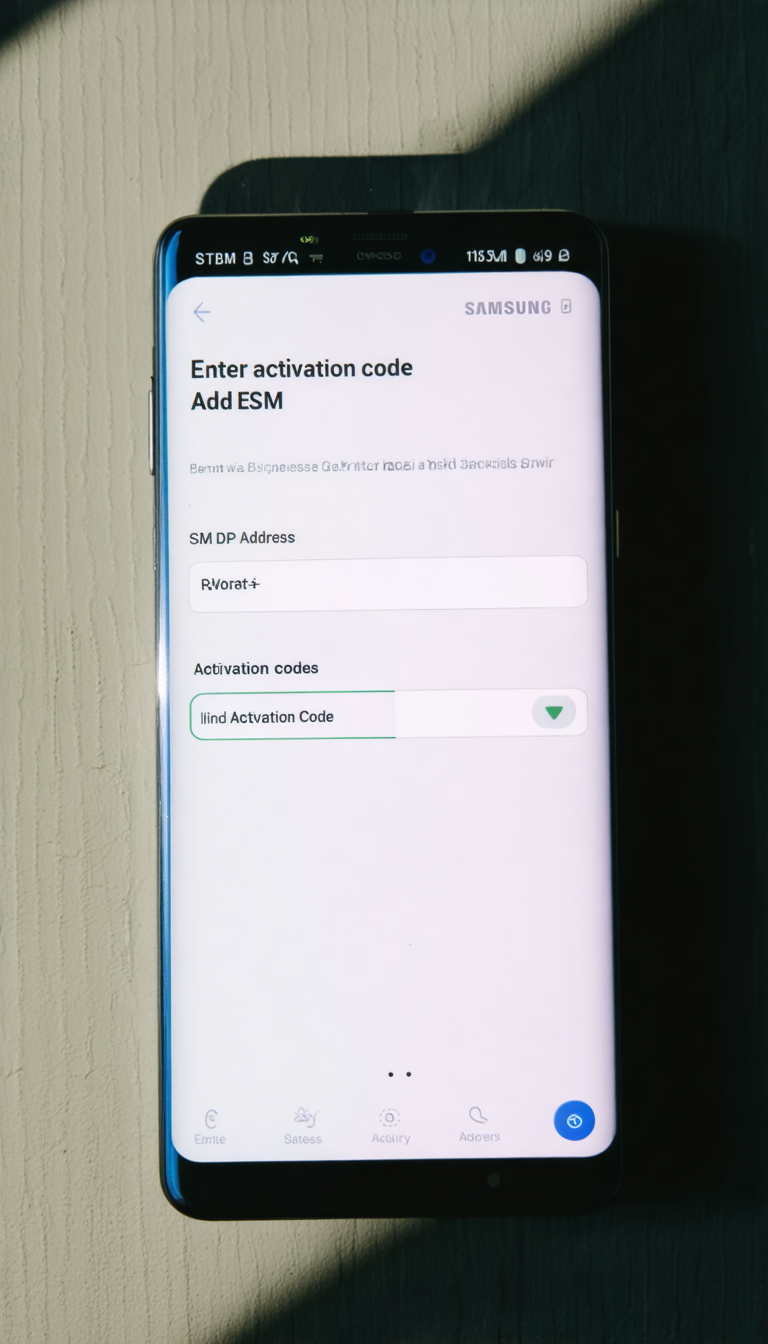 Samsung Galaxy screen showing fields for manual eSIM activation code entry.