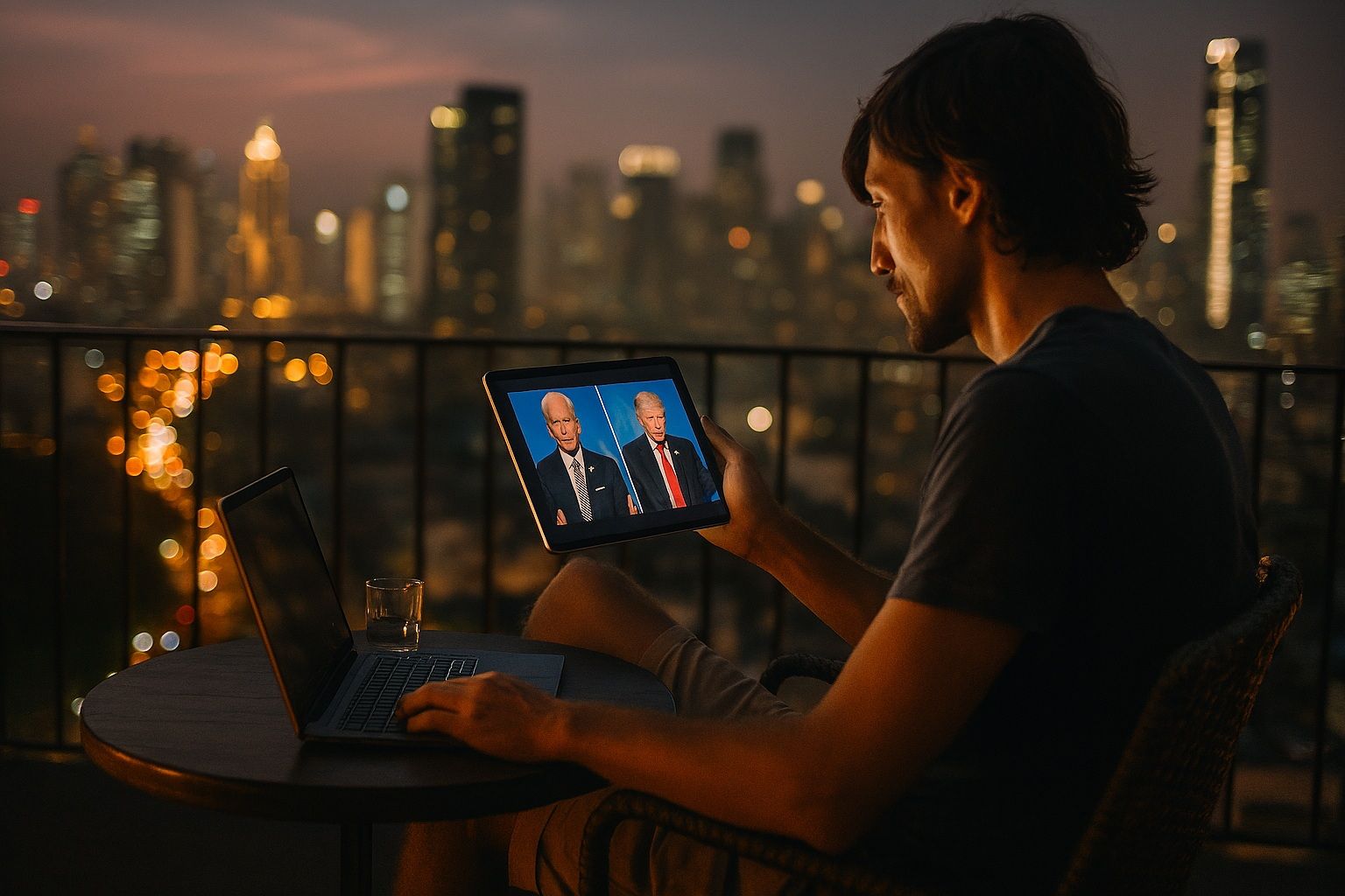 scene of a digital nomad on a rooftop terrace in Asia watching a US presidential debate on a tablet, evening city lights, cinematic documentary energy, travel freedom vibe