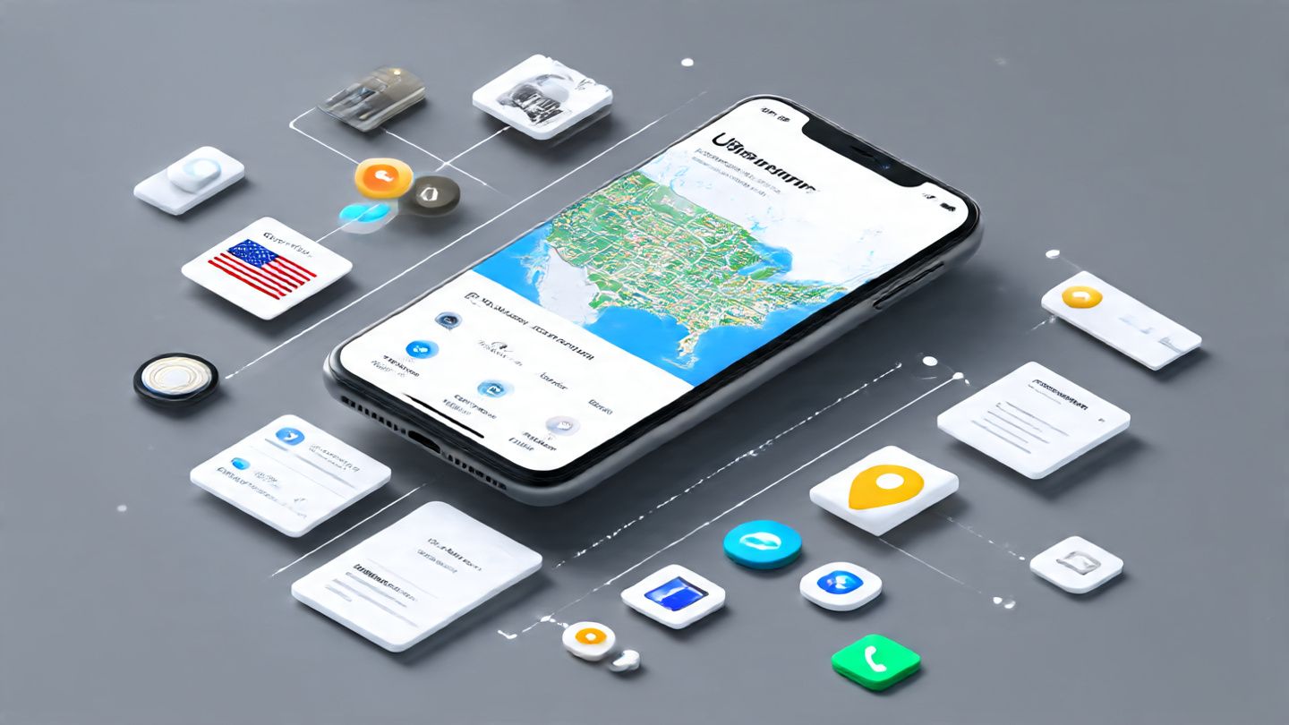 Scene showing a smartphone screen displaying multiple mobile data profiles, including a U.S. travel eSIM, with icons for maps