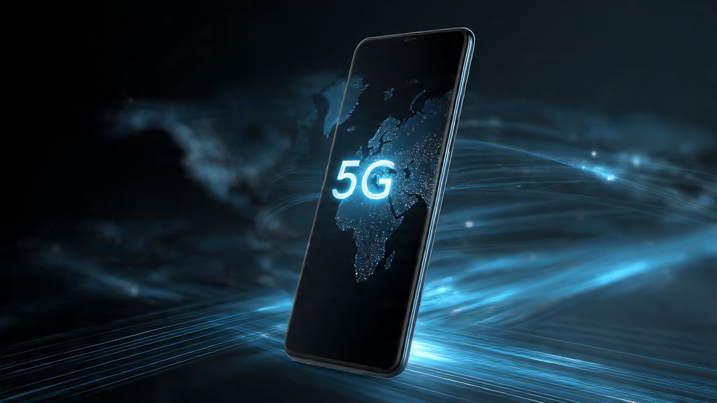 Diagram showing Snapdragon-powered smartphone automatically switching between 5G networks during international travel, symbolizing Qualcomm eSIM integration