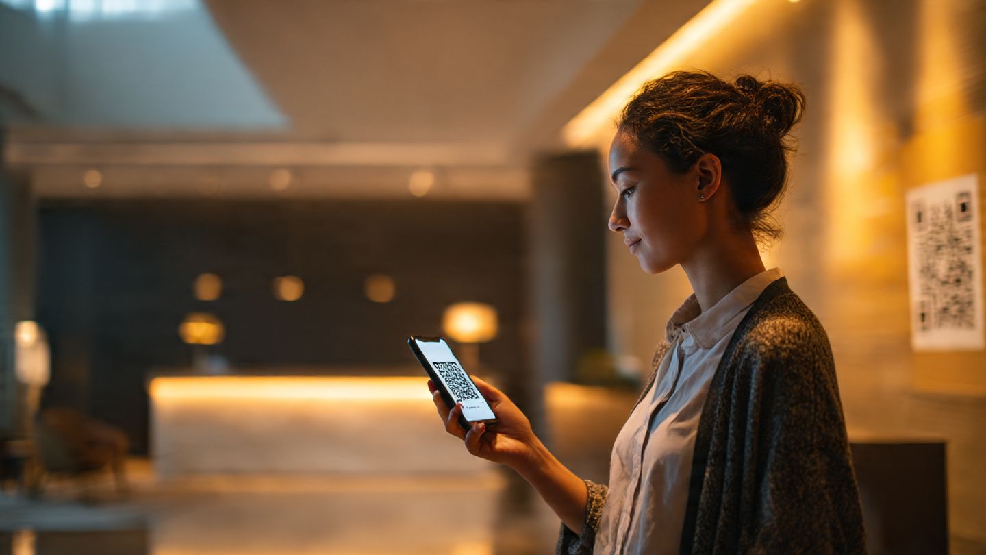 Sustainable business traveler scanning an eSIM QR code on a smartphone in a modern hotel lobby; warm lighting; minimal, eco-friendly atmosphere