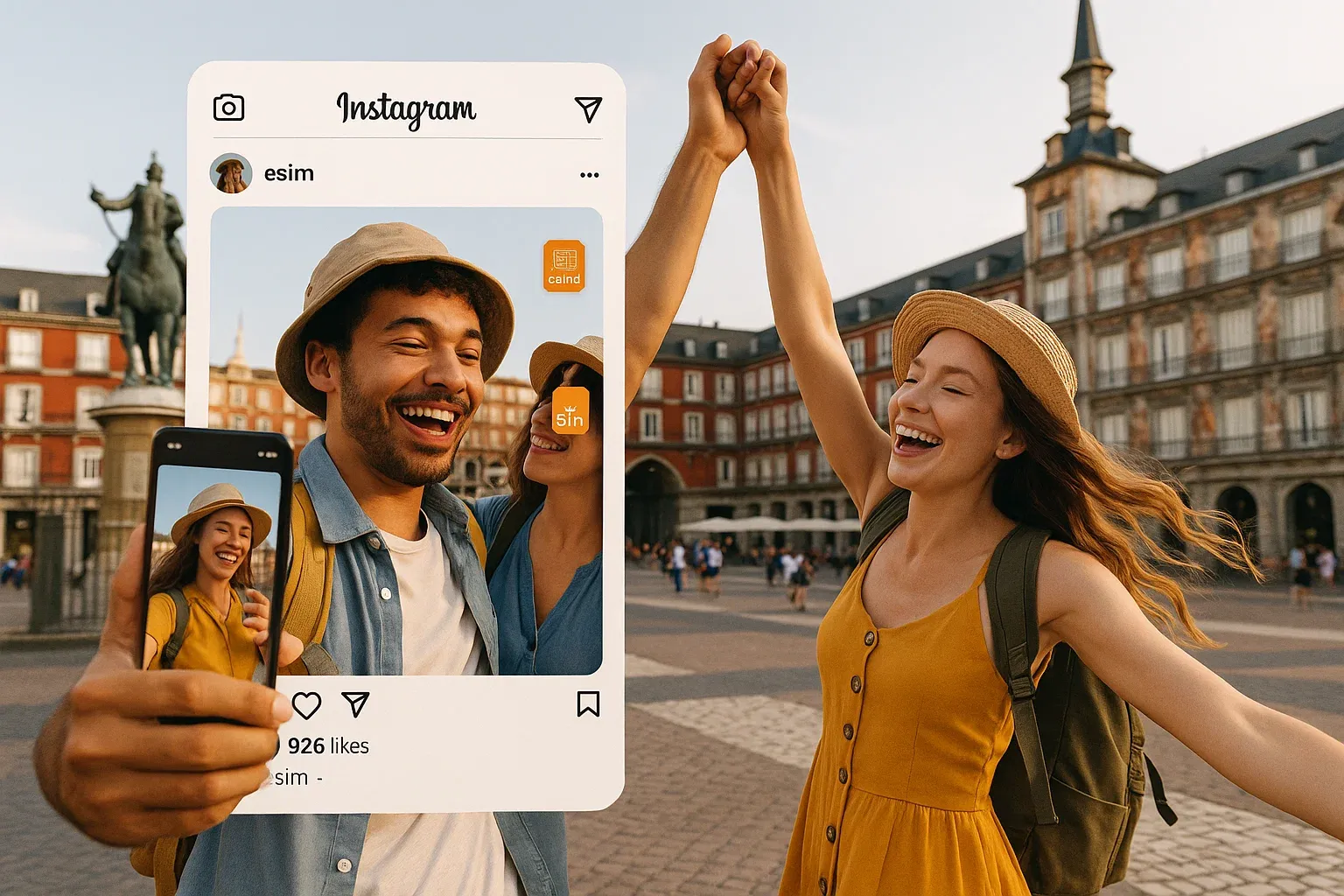 Traveler using Instagram with eSIM in Madrid