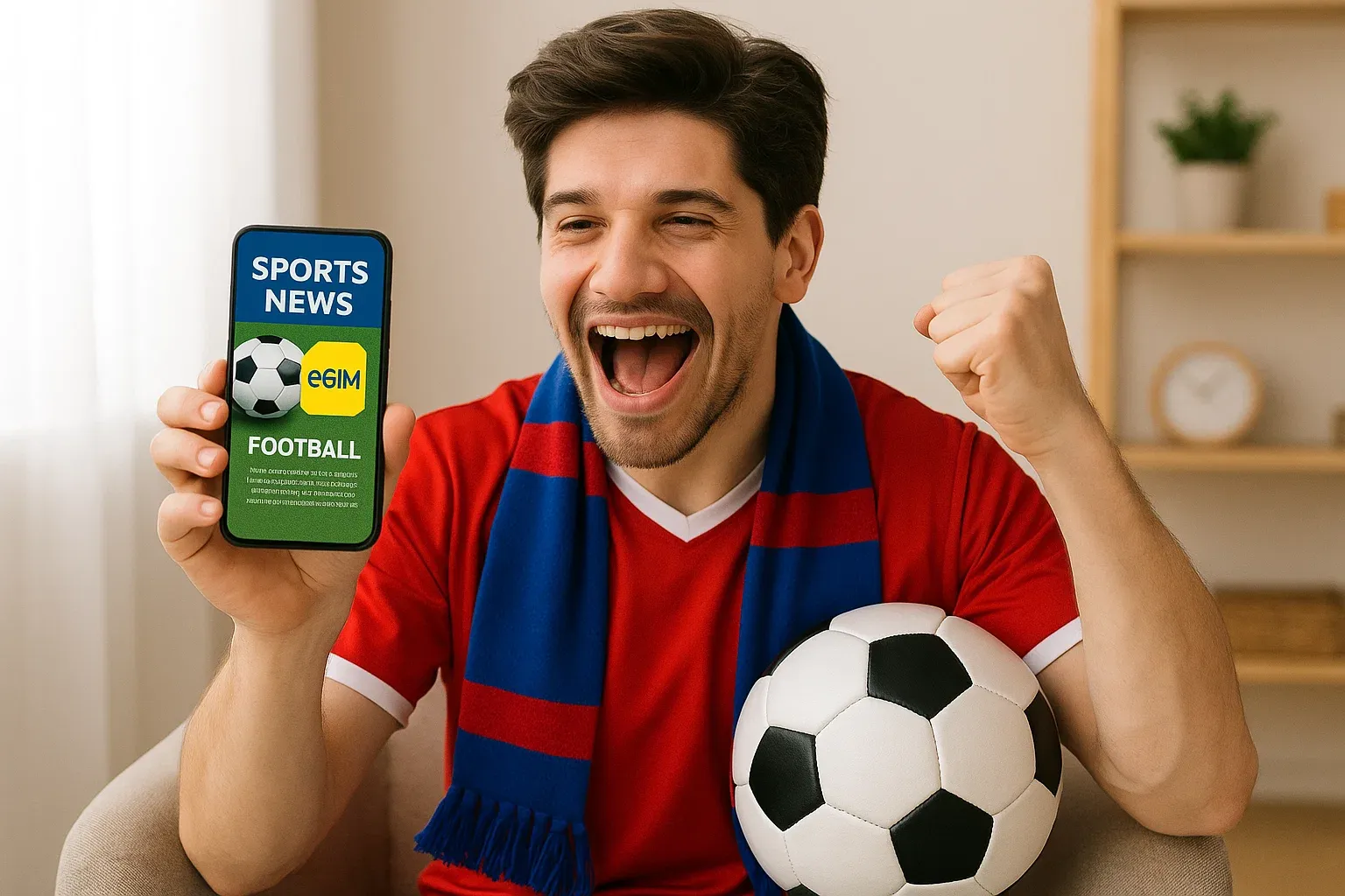 Football fan enjoying sports news updates with eSIM