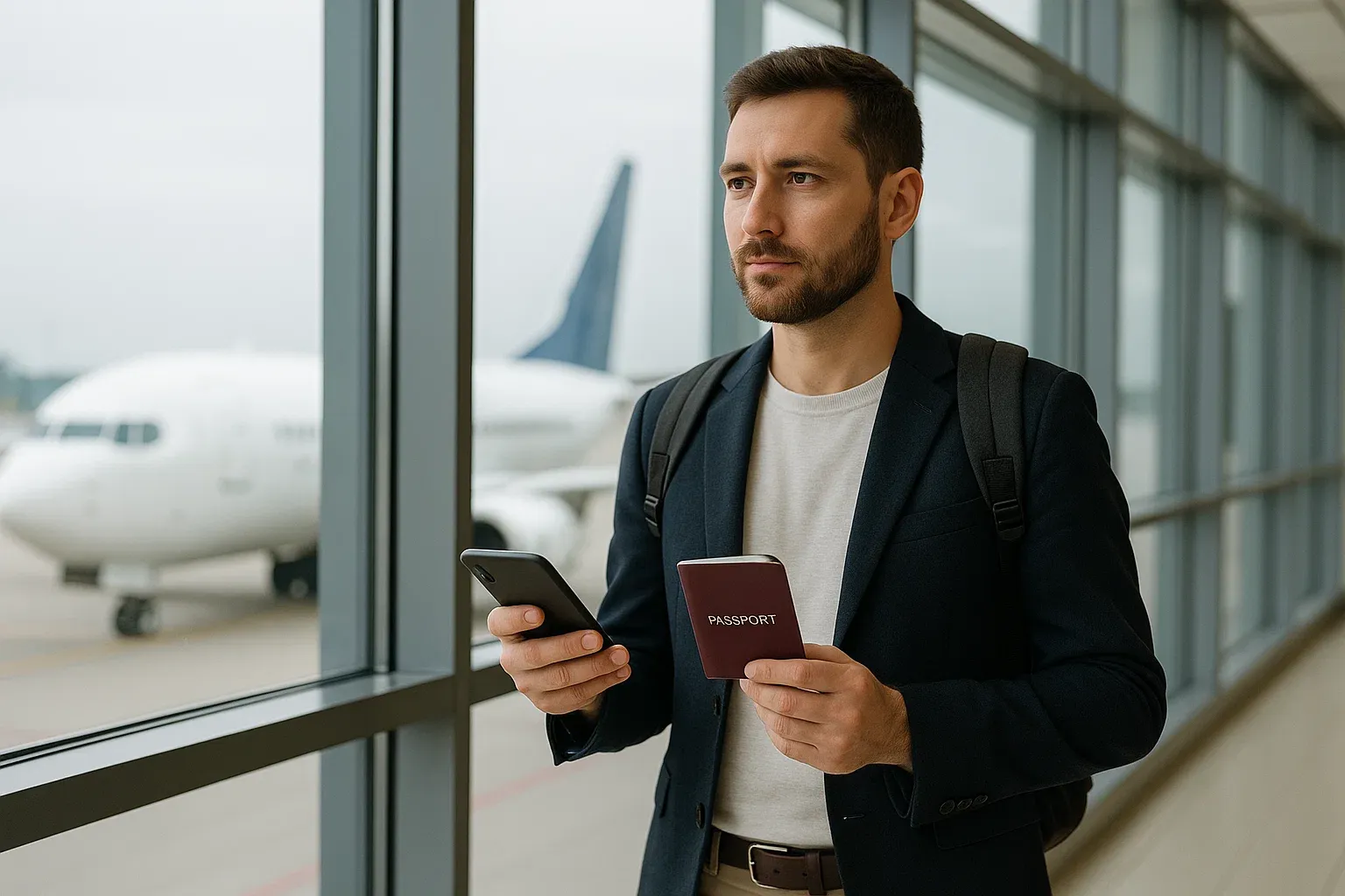 Traveler holding a passport and smartphone at airport gate, airplane visible in background, representing eSIM-enabled global roaming setup — clear, professional tone