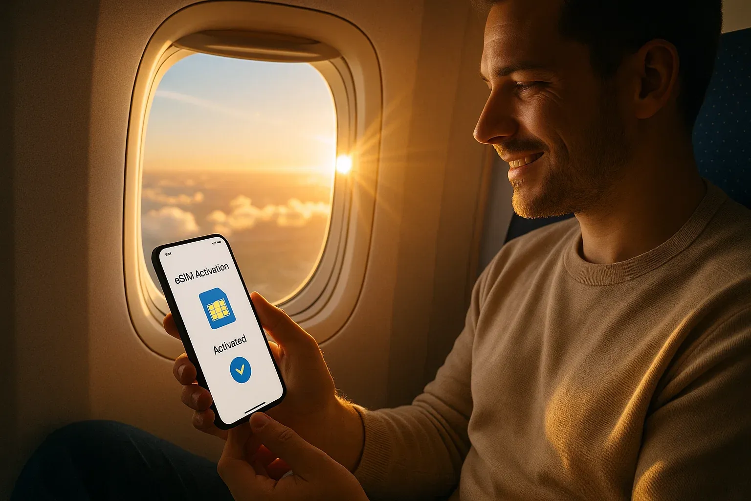 Traveler sitting by airplane window using smartphone during descent, sunlight and clouds visible, showing eSIM activation on screen — positive, connected, modern travel scene