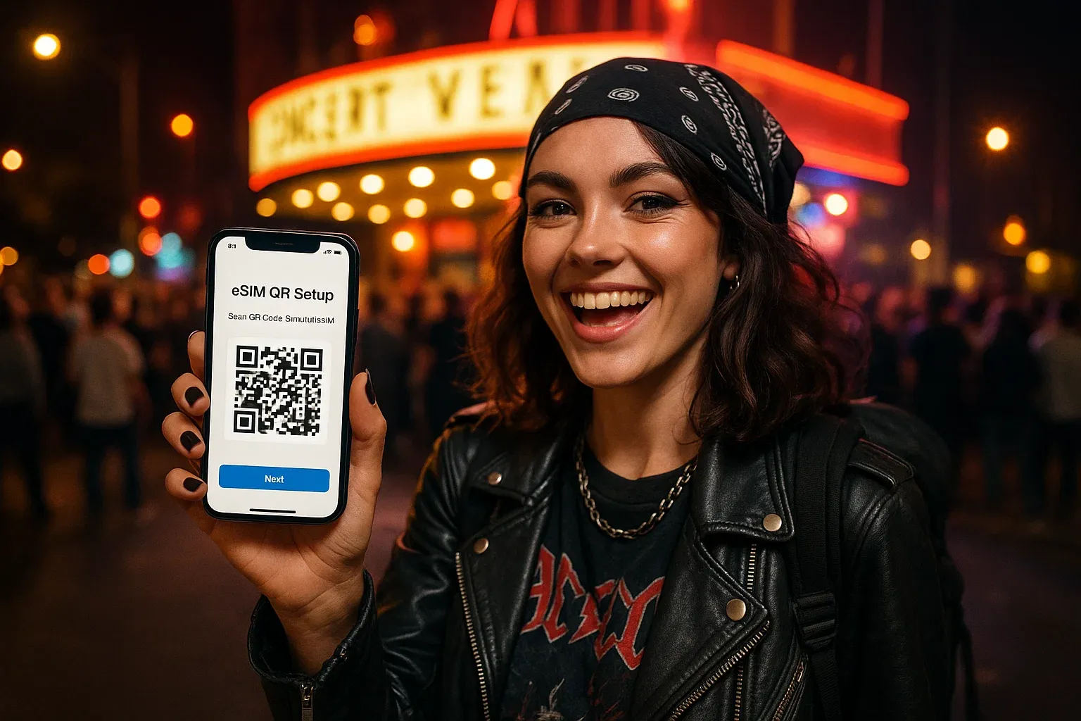 Traveler standing outside a concert venue at night, phone in hand showing eSIM QR setup, crowd and lights glowing behind — energetic, travel-tech atmosphere
