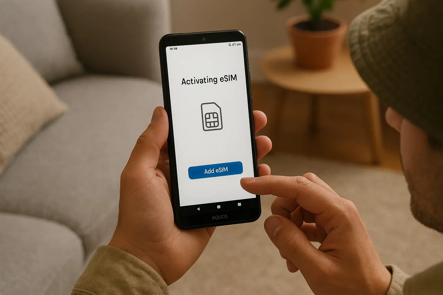 traveler Activating eSIM on a Sharp AQUOS sense10 in the comfort of their home