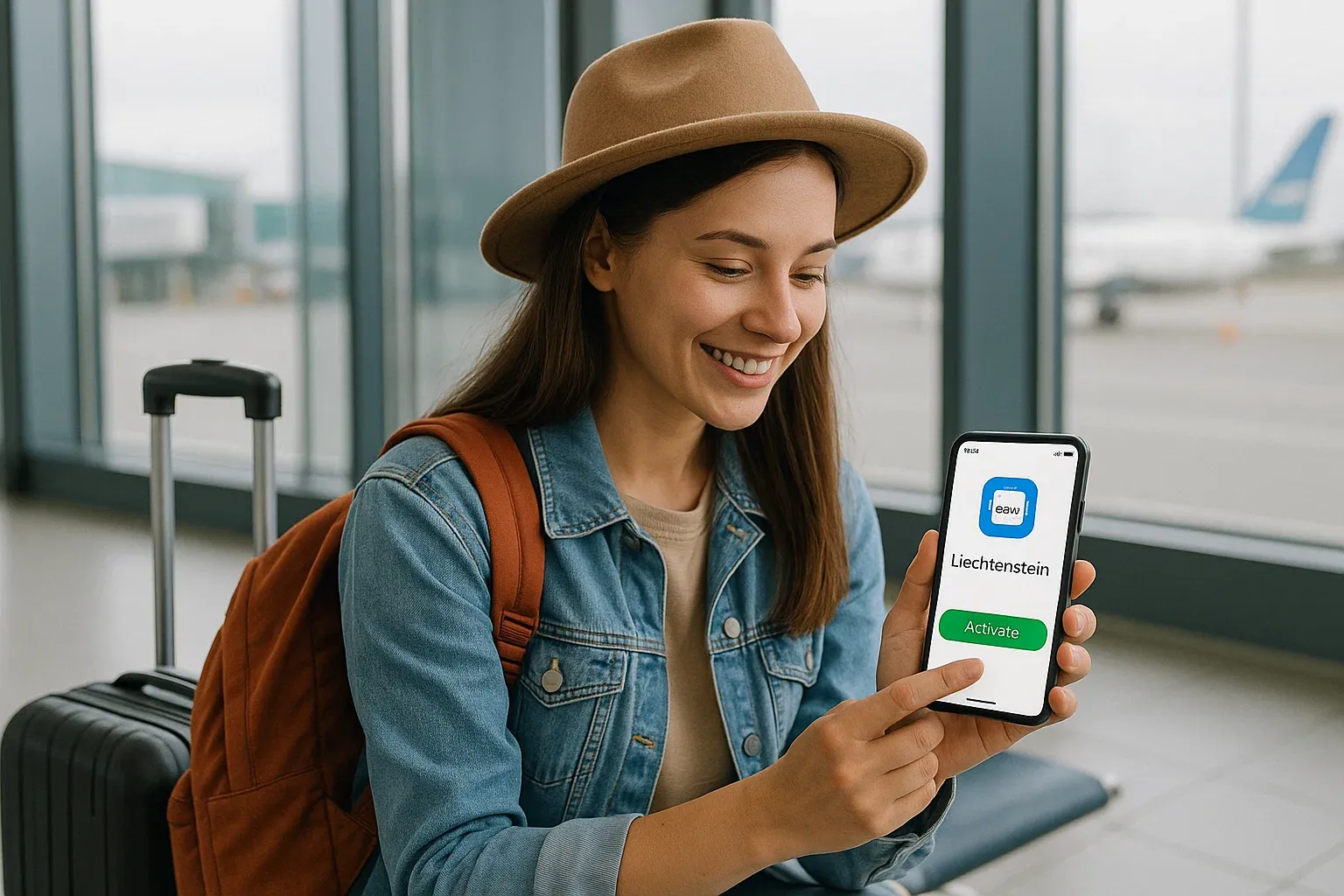 traveler Activating their eSIM for seamless travel before leaving for Liechtenstein