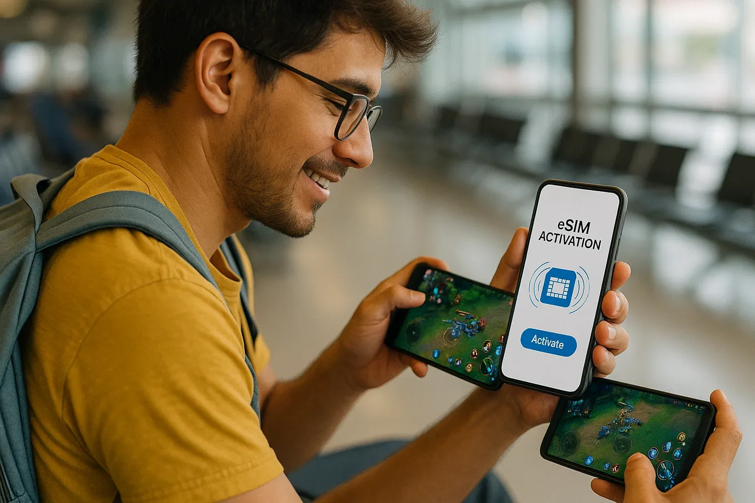 traveler activating their eSIM for seamless connectivity during a lol game