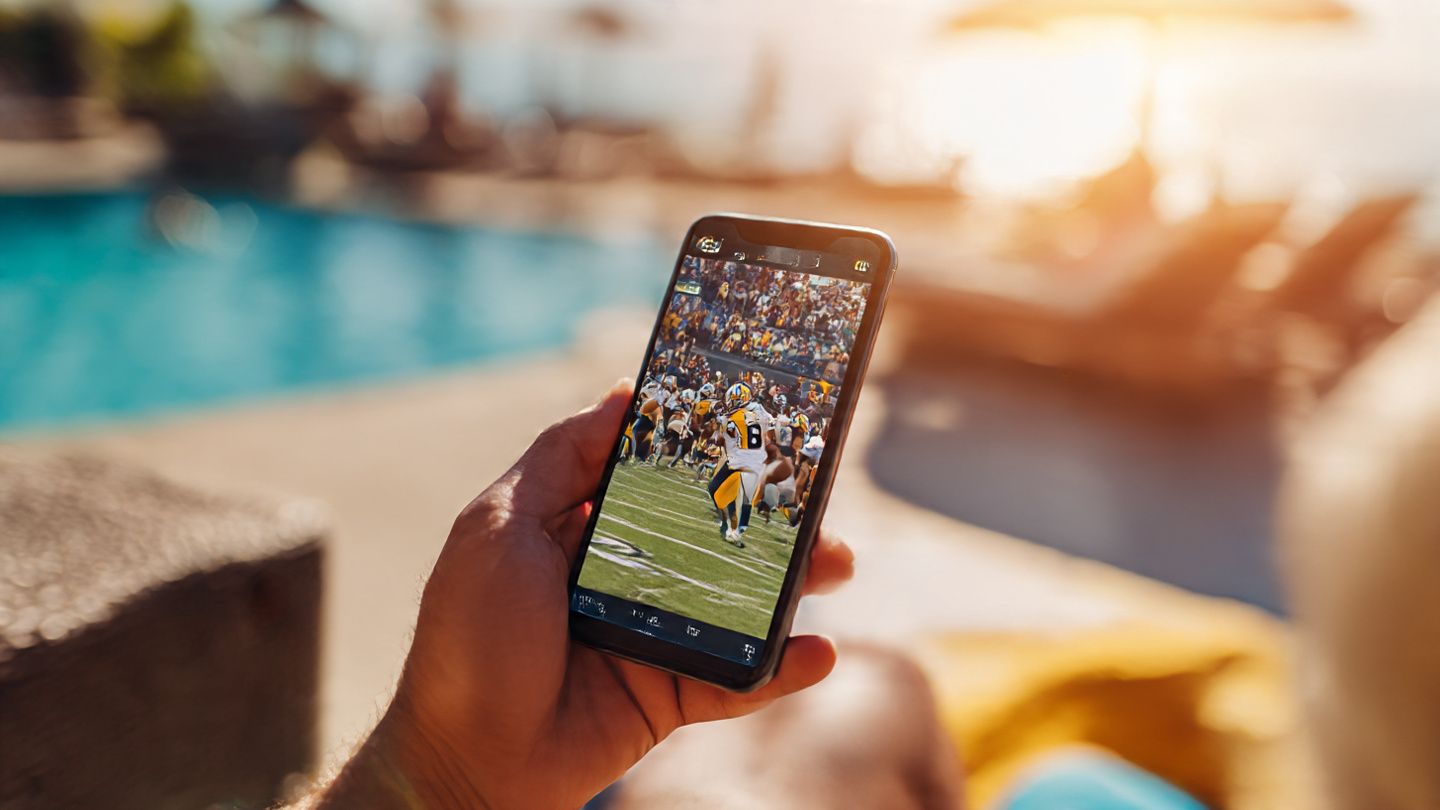 Traveler at a beach resort holding a phone showing an NFL game stream – bright, modern, sports-travel tone