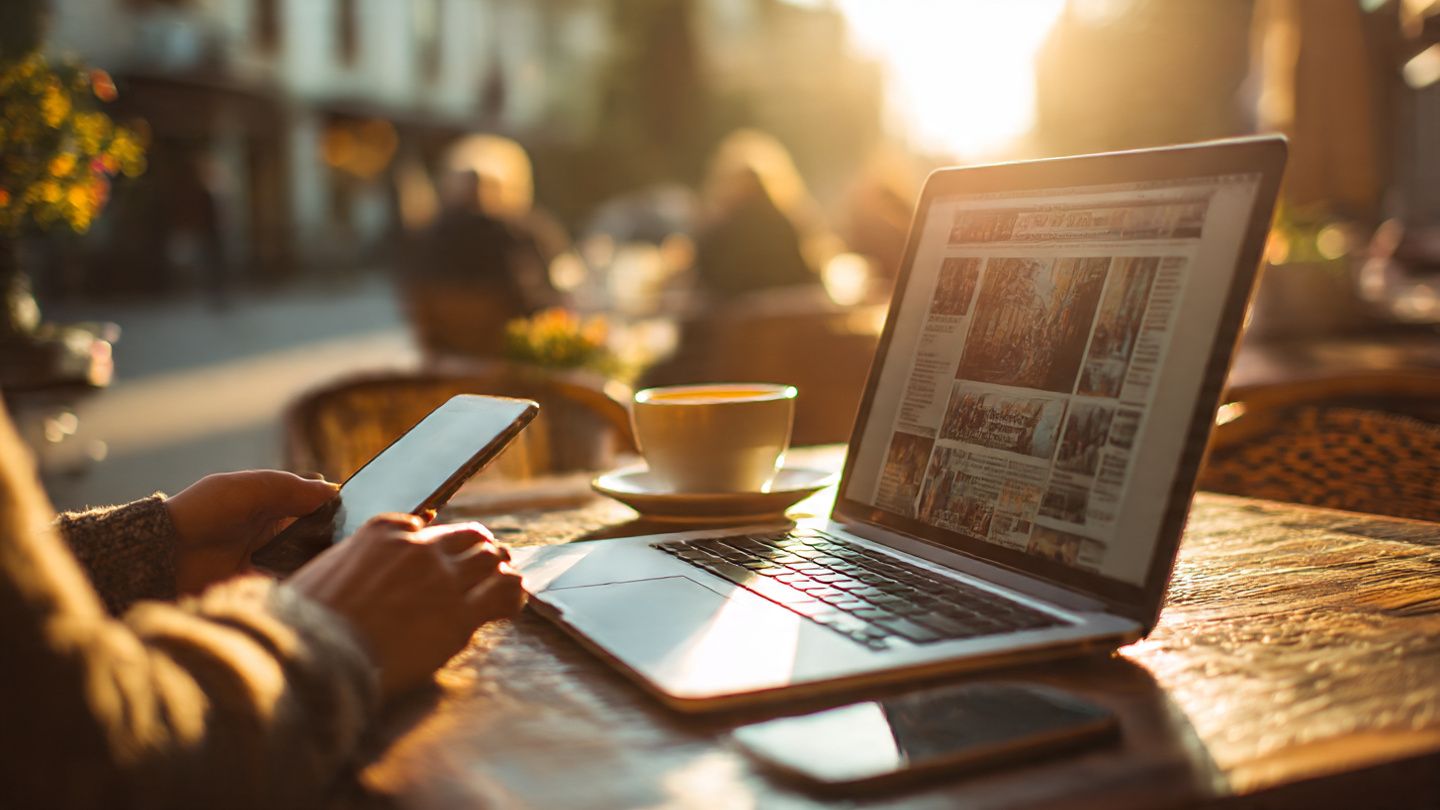 Traveler at outdoor café with laptop and phone open to live international news feed; warm sunlight, mobile-nomad lifestyle, focus on staying informed abroad
