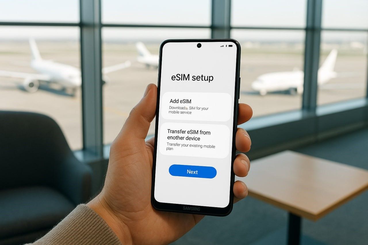 traveler holding a Samsung smartphone showing eSIM setup screen in an airport lounge