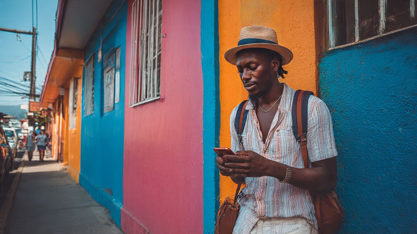 Traveler in Kingston, Jamaica, walking through a colorful street with their phone out, capturing photos or using maps